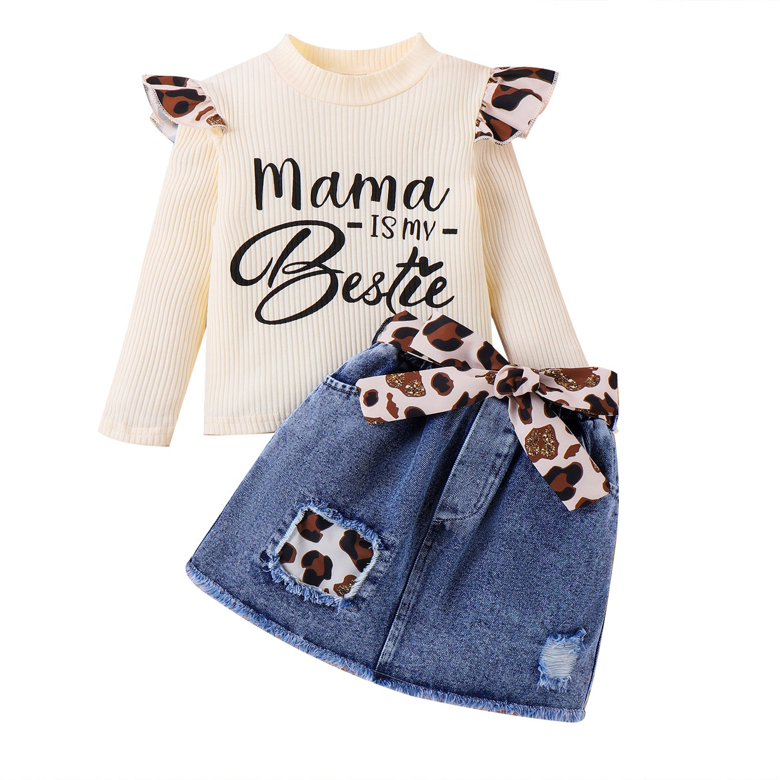Wholesale Autumn and Winter Top Patchwork Leopard Print Fly Sleeves Denim Ripped Hole Baby Clothes